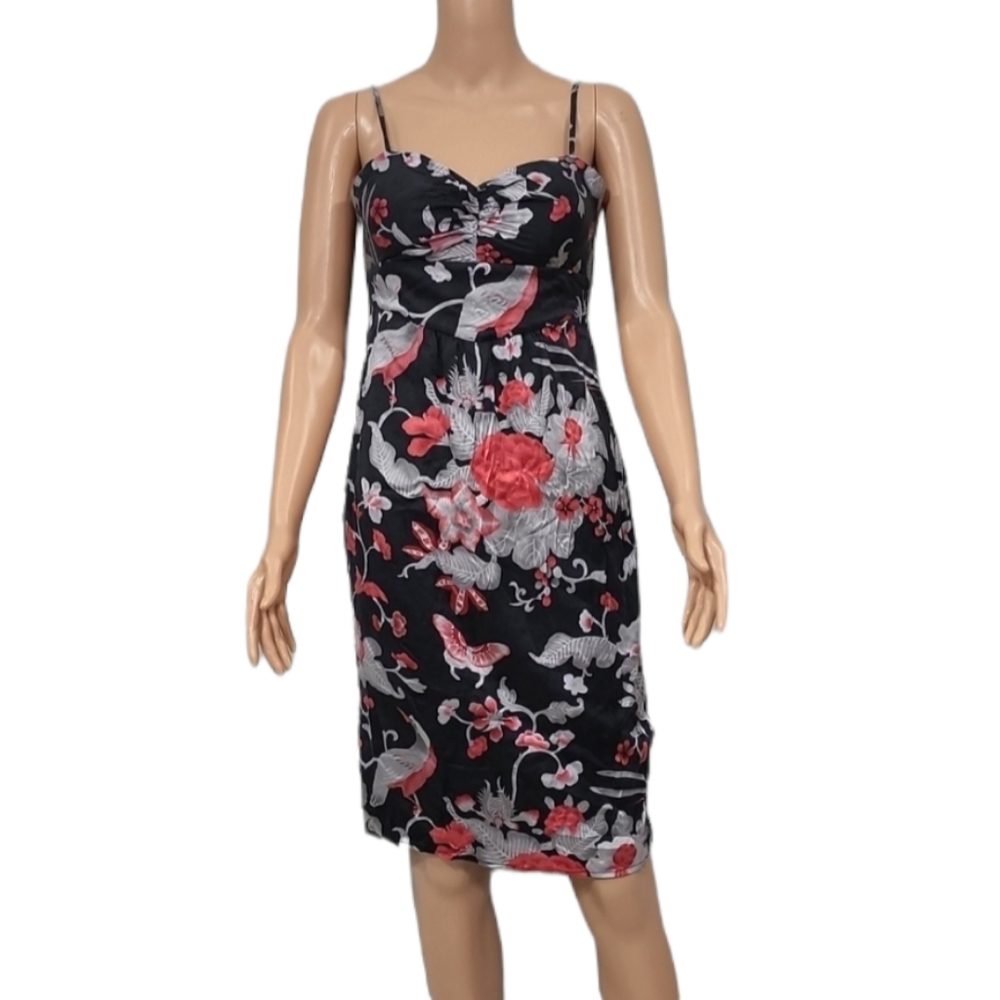 ARDEN B Size S  Silk Gray  Floral Red Bird Spaghetti Strap Pencil Dress‎
